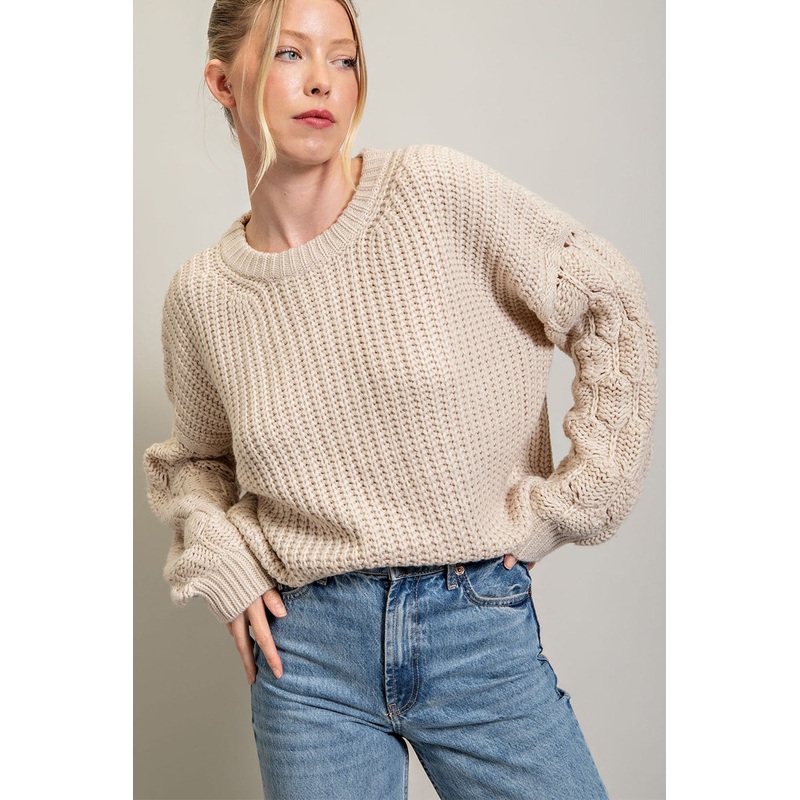 Beige Cable Knit Sleeve Sweater