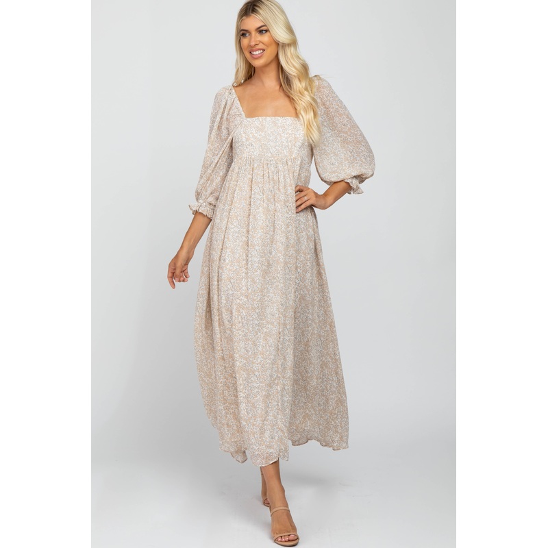 Beige Chiffon Printed Square Neck Empire Maxi Dress