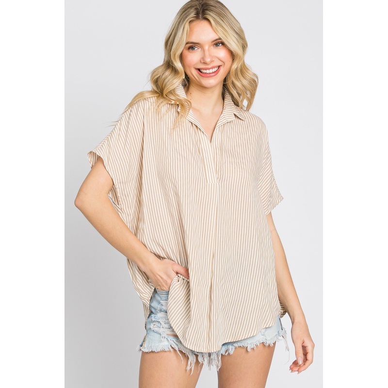 Beige Collared Short Sleeve Top