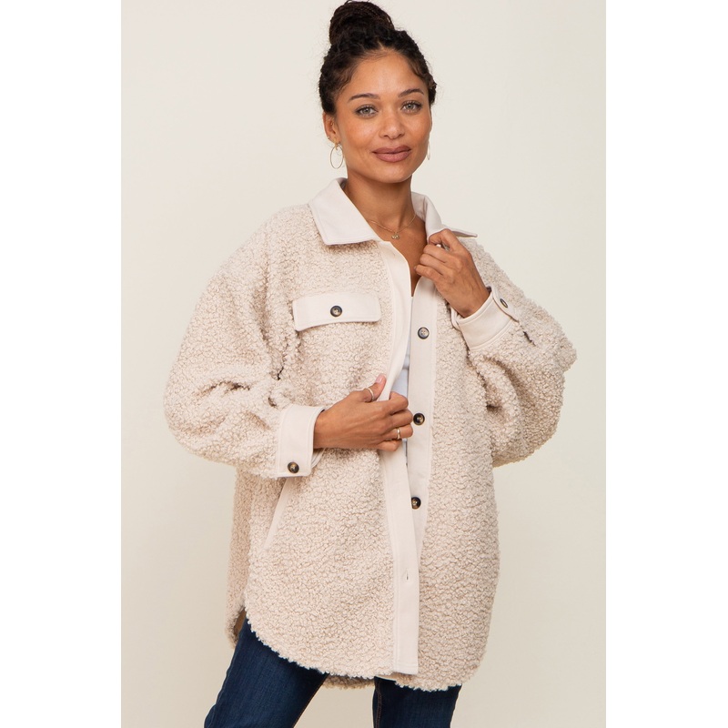 Beige Contrast Oversized Sherpa Coat