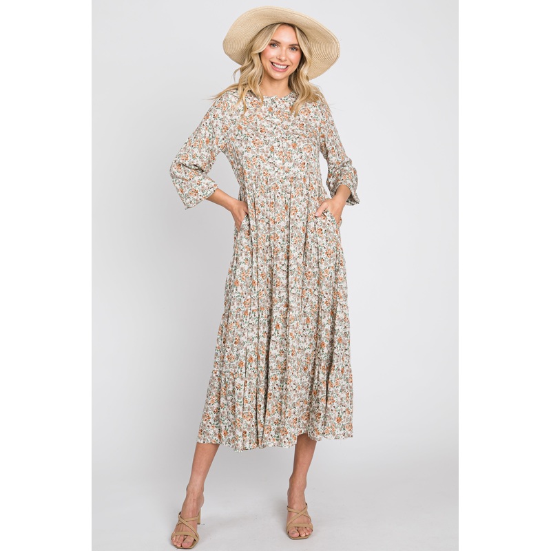 Beige Floral Button Front Long Sleeve Tiered Midi Dress