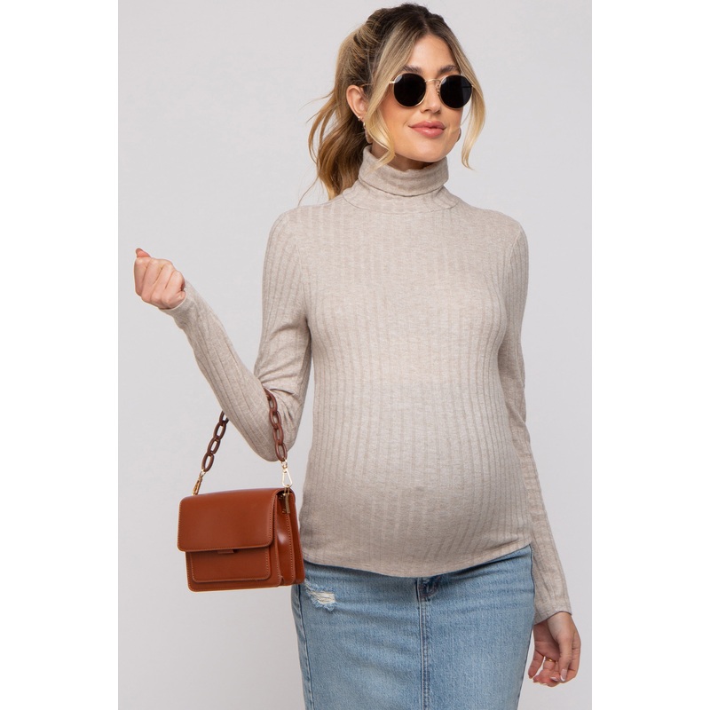 Beige Ribbed Long Sleeve Maternity Turtle Neck Top