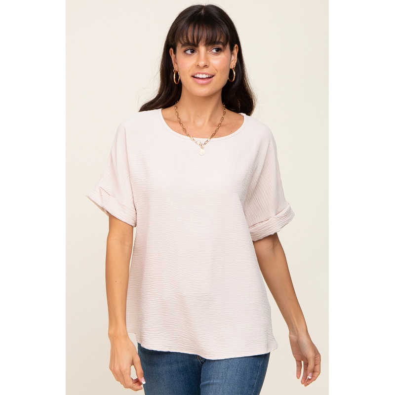 Beige Rolled Cuff Short Sleeve Blouse