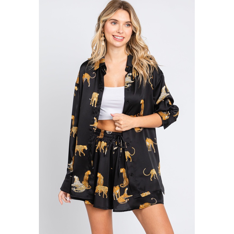 Black Animal Print Silky Shorts Set