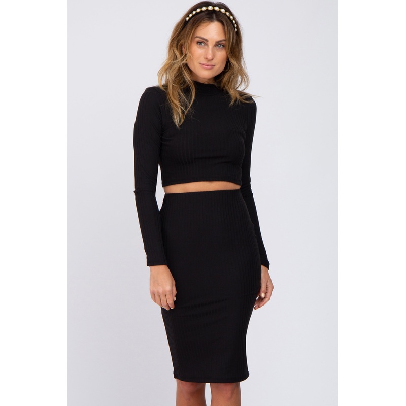 Black Mock Neck Top Skirt Set