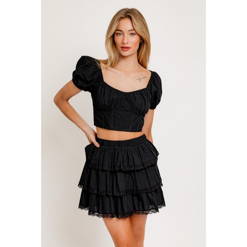Black Puff Short Sleeve Corset Crop Top & Mini Skirt