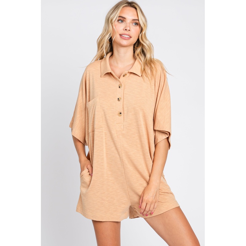 Camel Heathered Front Button Romper