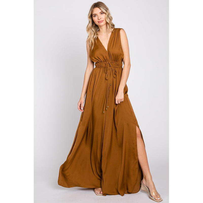 Camel Satin V-Neck Side Slit Jumpsuit