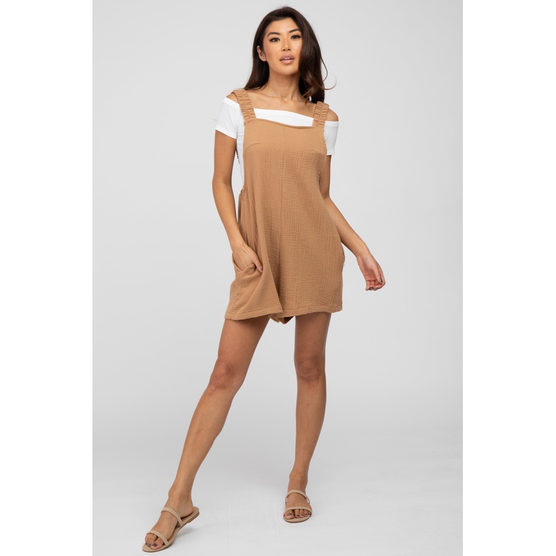 Camel Square Neck Elastic Strap Romper