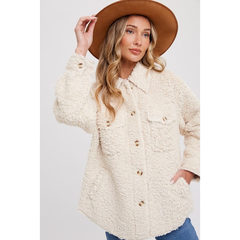 Cream Fuzzy Knit Shirt Jacket