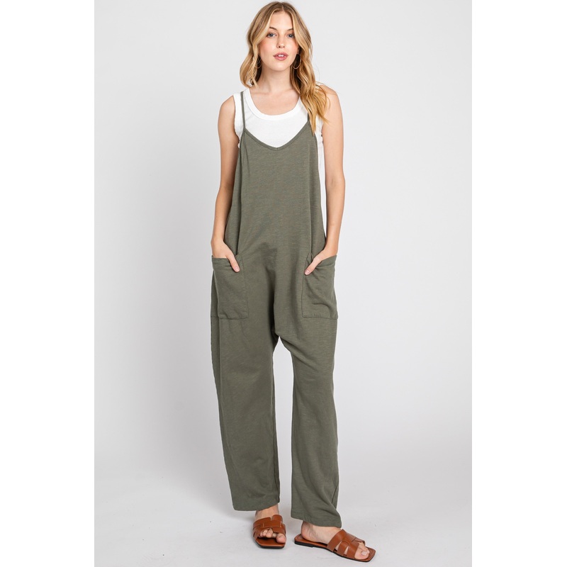 Olive Knit Front Pocket Overall