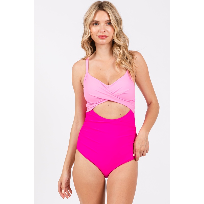 Pink Color Block Wrap Front Cutout One Piece Swimsuit