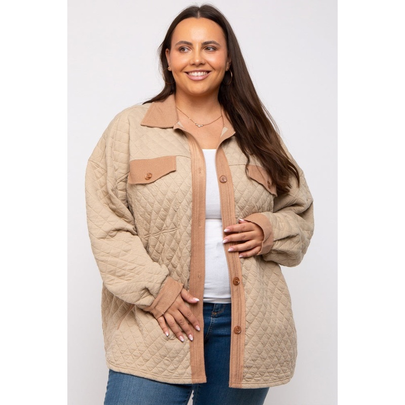 Taupe Colorblock Quilted Plus Shirt Jacket