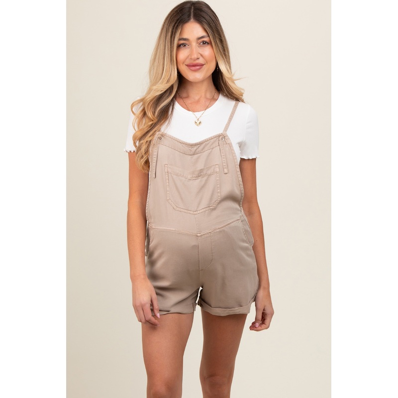 Taupe Front Pocket Maternity Overall Shorts