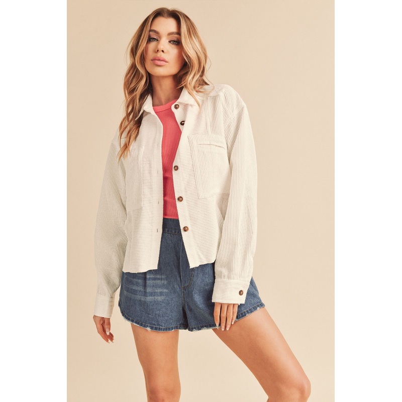 White Corduroy Raw Hem Shacket