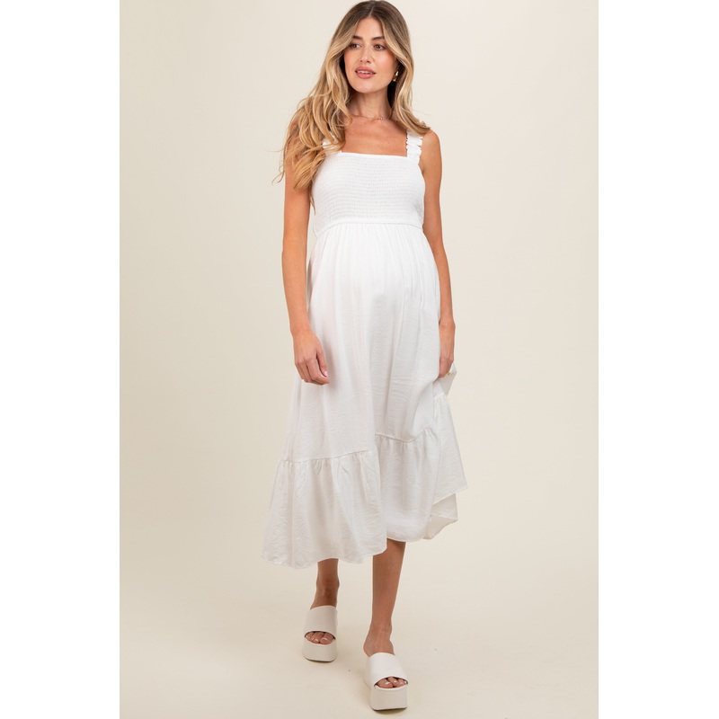 White Smocked Bodice Maternity Maxi Dress