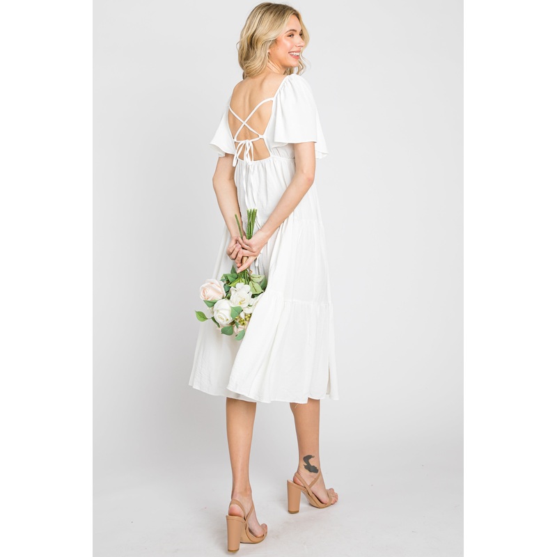 White Tiered Criss Cross Back Midi Dress