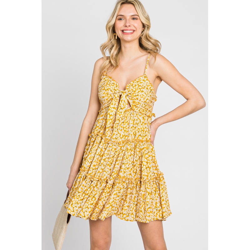 Yellow Floral Cut Out Tiered Ruffle Mini Dress