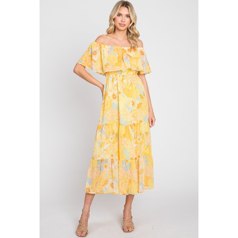 Yellow Floral Flounce Off Shoulder Midi Dress