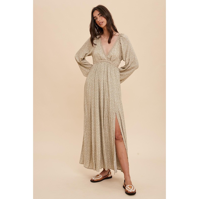 Beige Floral Lace Accent Side Slit Maxi Dress