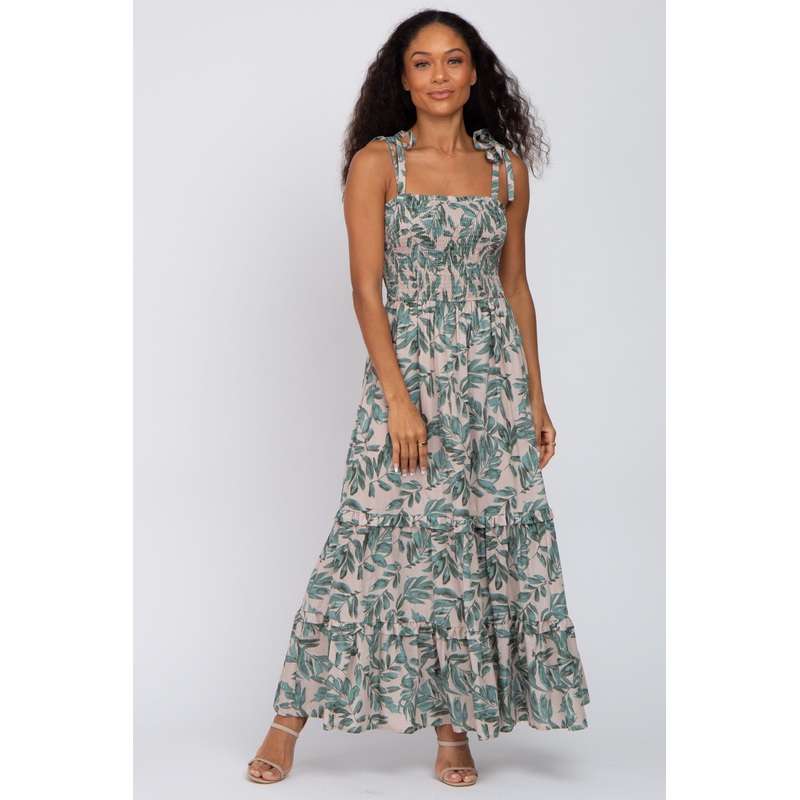 Beige Leaf Print Shoulder Tie Maxi Dress