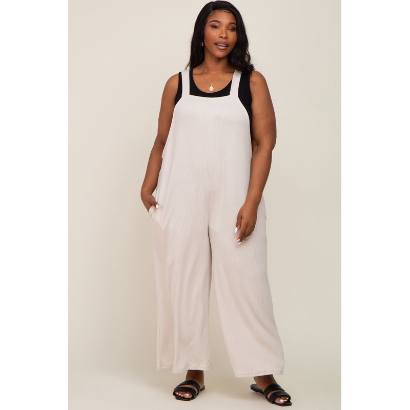 Beige Ribbed Plus Wide Leg Jumpsuit