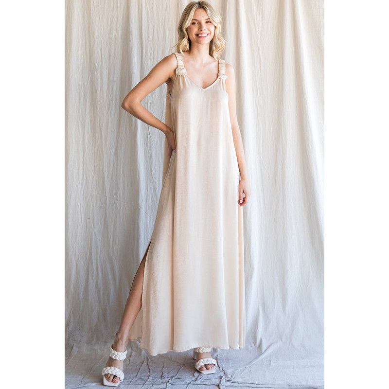 Beige Satin Side Slit Maxi Dress