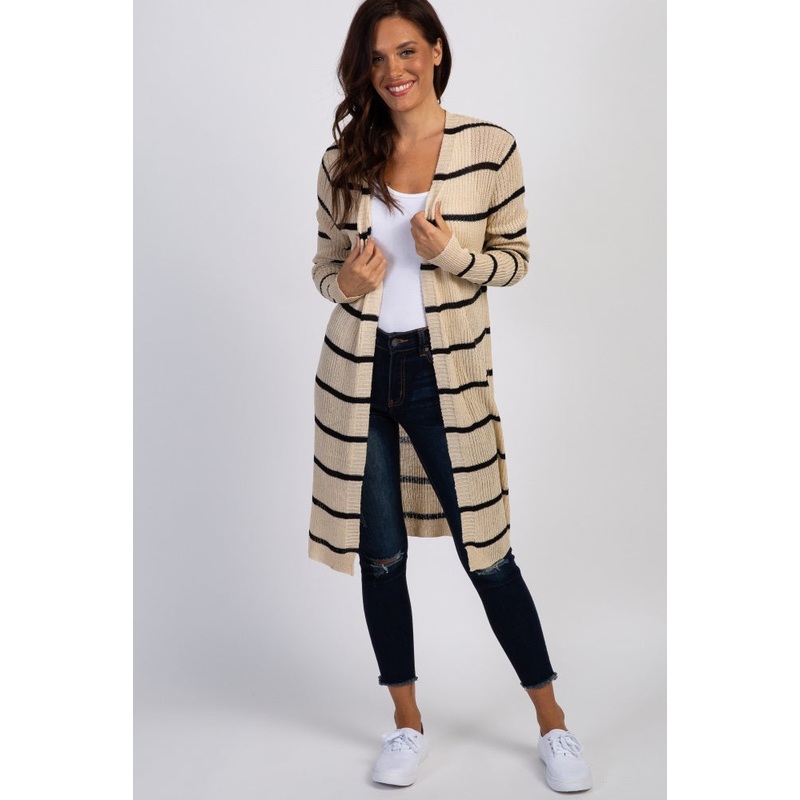 Beige Striped Knit Long Cardigan