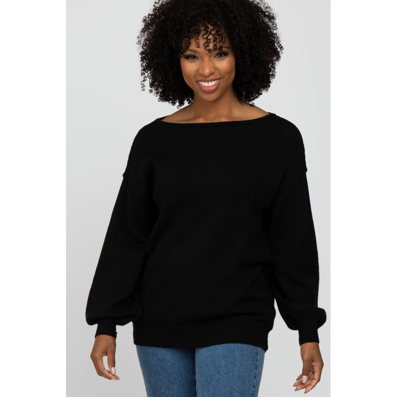 Black Boat Neck Bubble Sleeve Sweater