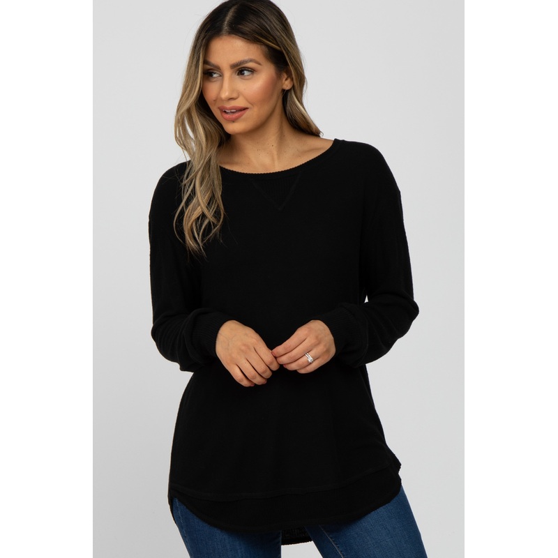 Black Brushed Knit Rib Contrast Top