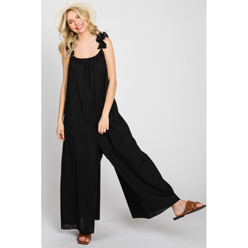 Black Linen Ruffle Strap Jumpsuit