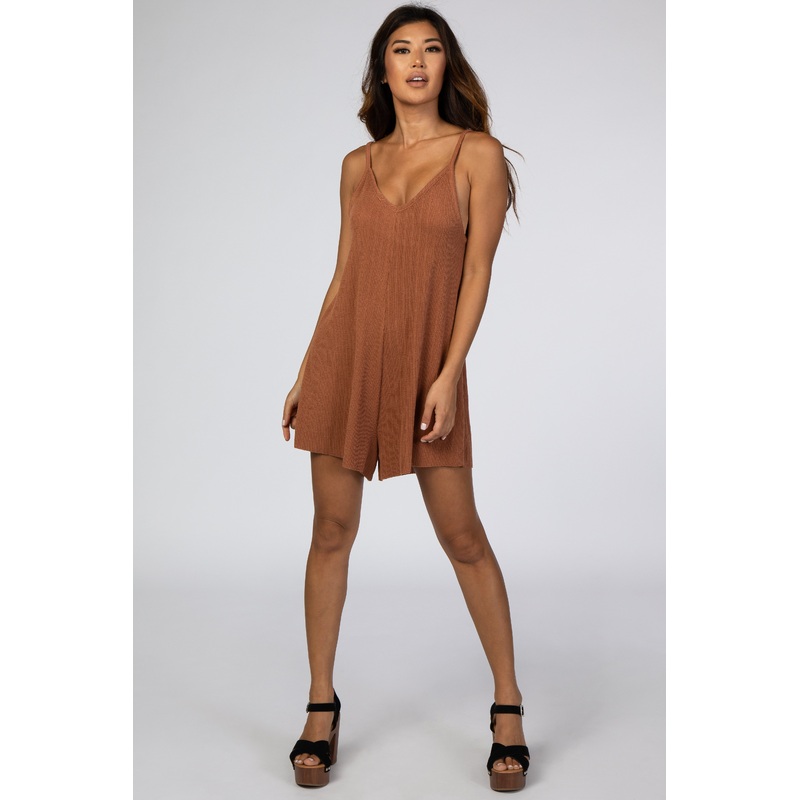 Brown Ribbed V-Neck Romper