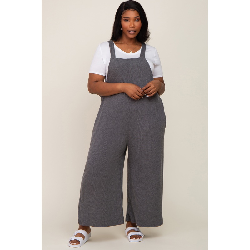 Charcoal Ribbed Plus Wide Leg Jumpsuit