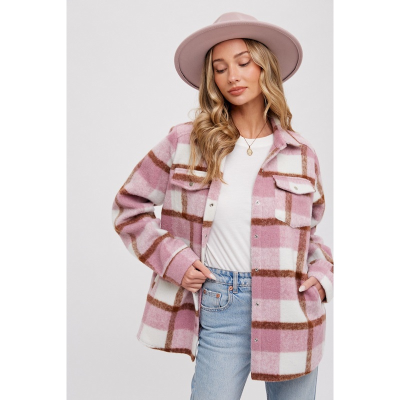 Mauve Plaid Fleece Shirt Jacket