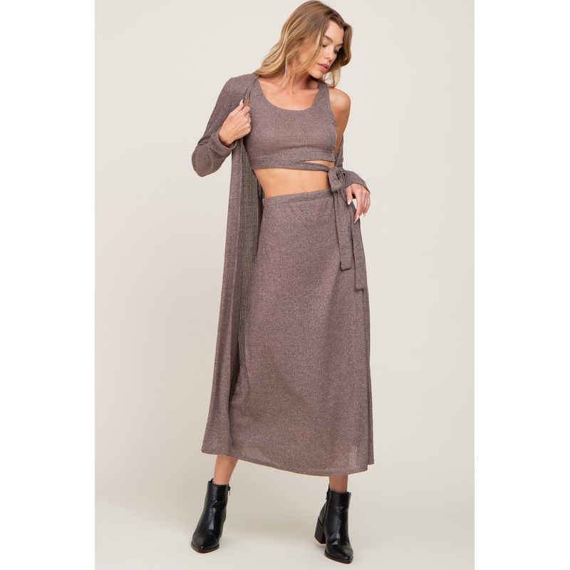 Mocha Heather 3-Piece Skirt and Cardigan Set