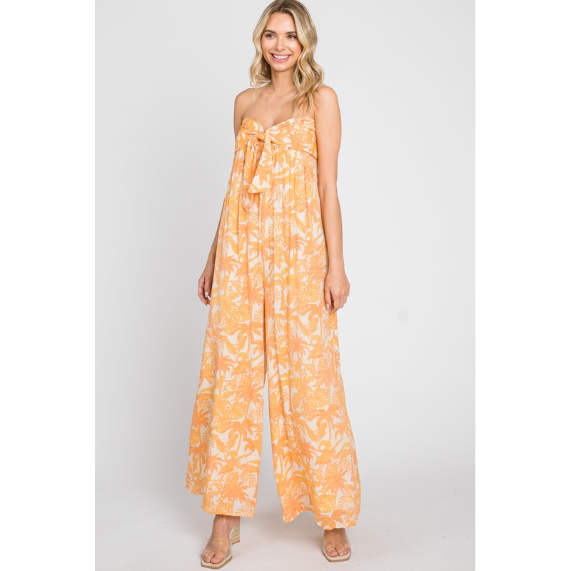Orange Leaf Print Strapless Front Tie Jumpsuit
