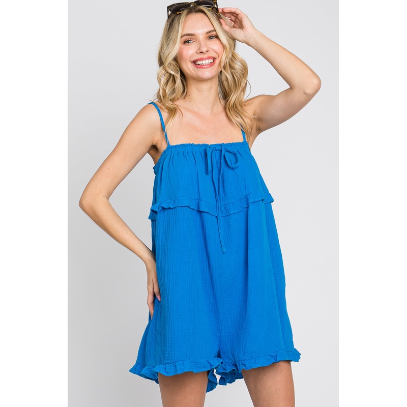 Royal Blue Gauze Square Neck Ruffle Romper