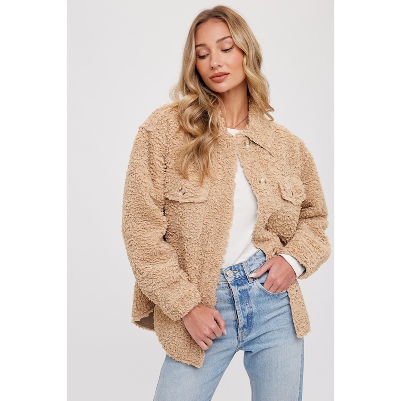 Taupe Fuzzy Knit Shirt Jacket