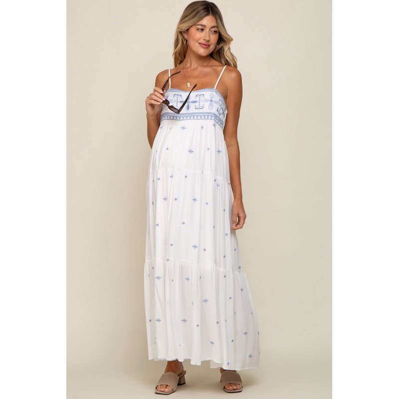 White Floral Embroidered Tiered Maternity Maxi Dress