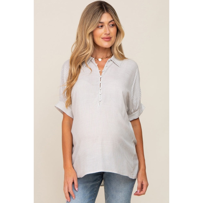 White Striped Button Up Dolman Short Sleeve Maternity Top