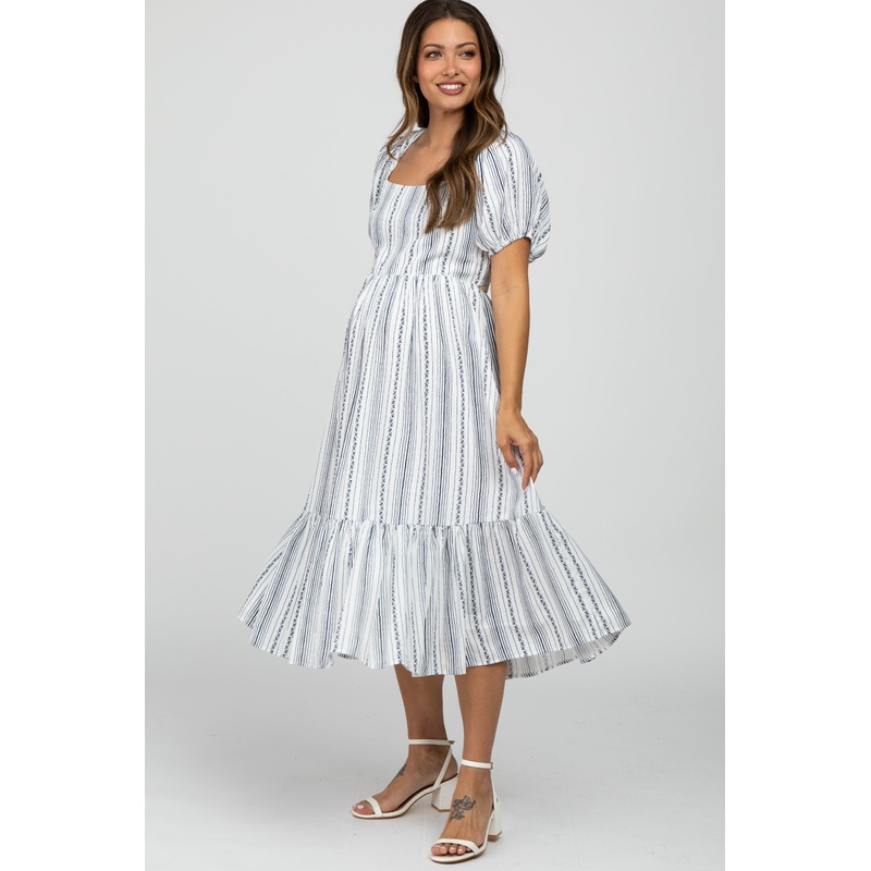 White Striped Puff Sleeve Maternity Midi Dress