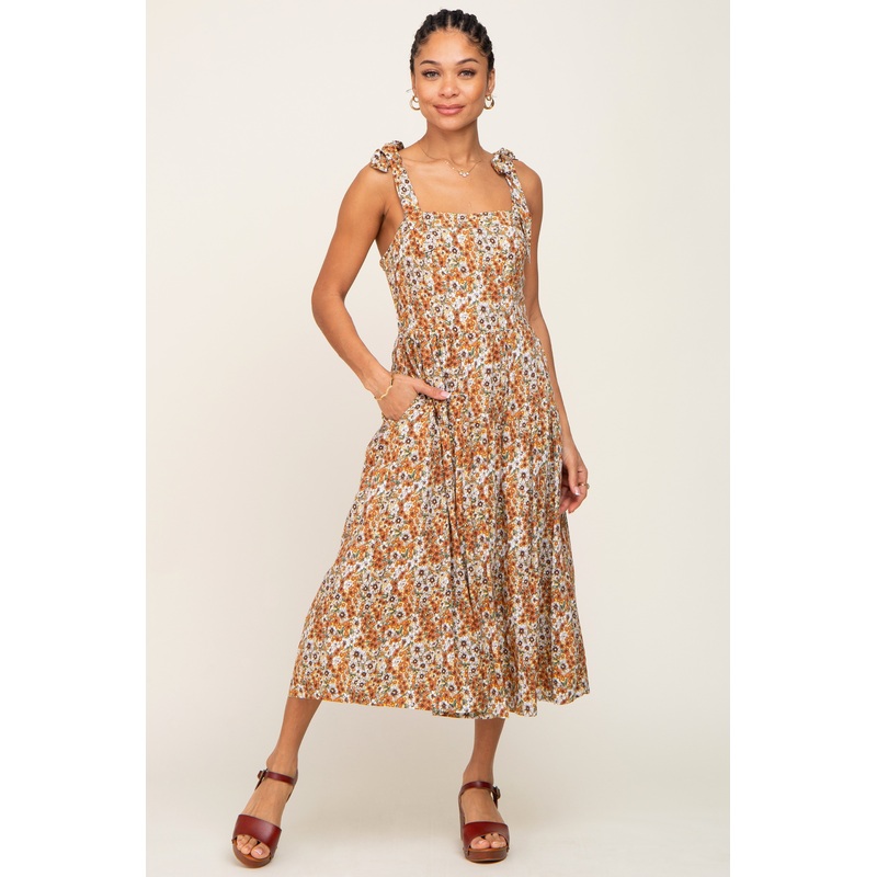 Yellow Floral Square Neck Tie Sleeve Tiered Midi Dress