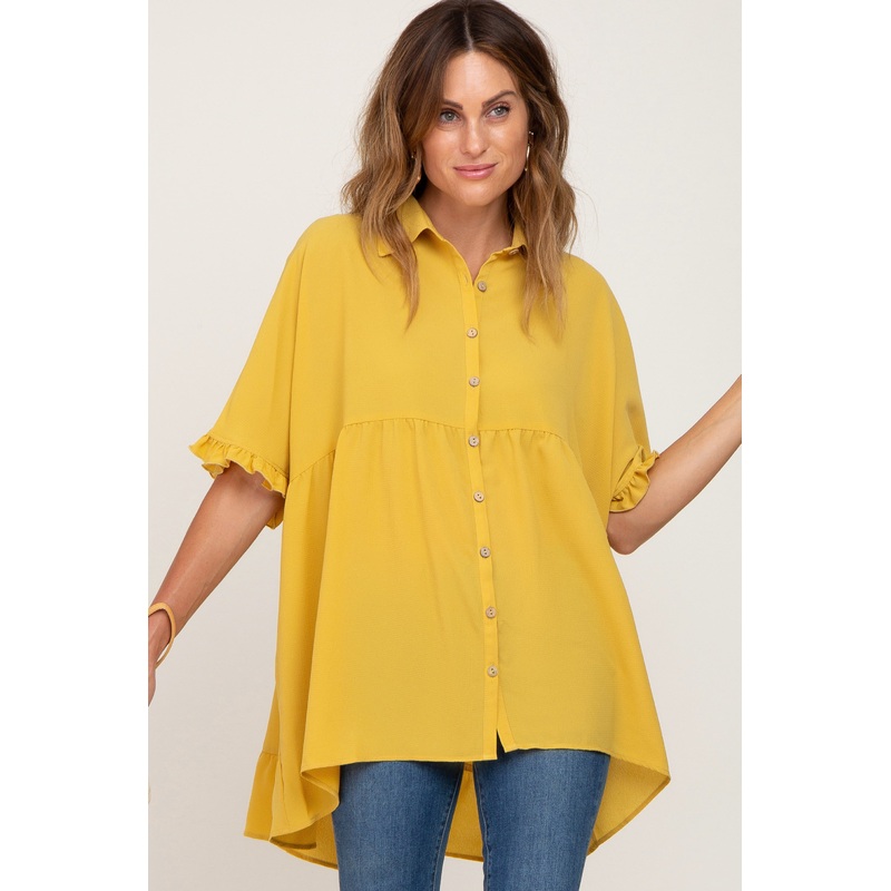 Yellow Oversized Button Front Ruffle Short Sleeve Hi-Low Top