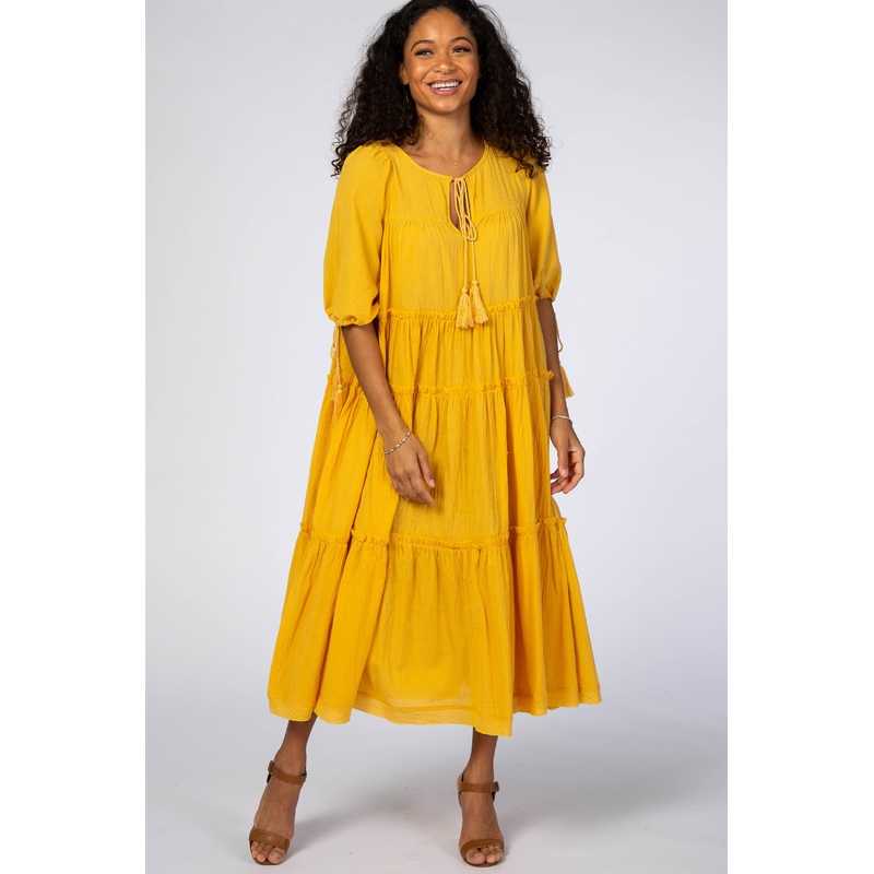 Yellow Ruffle Tier Tassel Trim Midi Dress