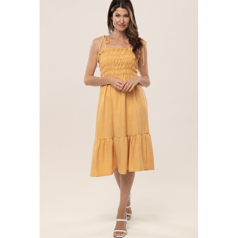 Yellow Shoulder Tie Smocked Midi Dress