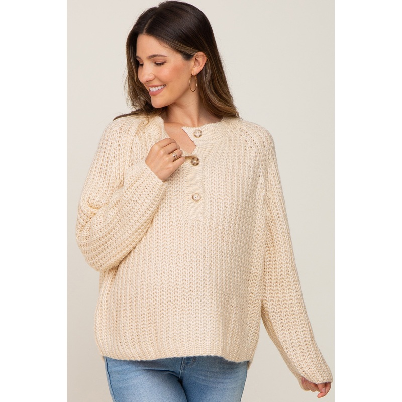 Beige Open Knit Button Front Maternity Sweater