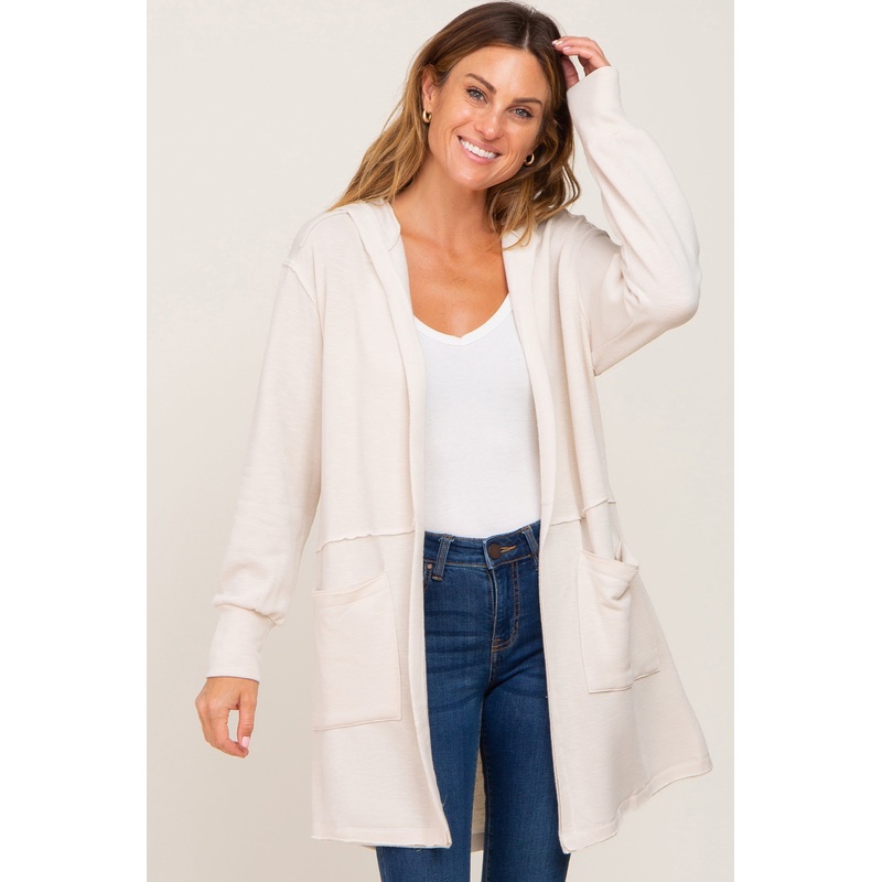 Beige Raw Seam Hooded Cardigan