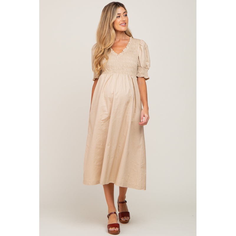 Beige Smocked V-Neck Puff Sleeve Maternity Midi Dress