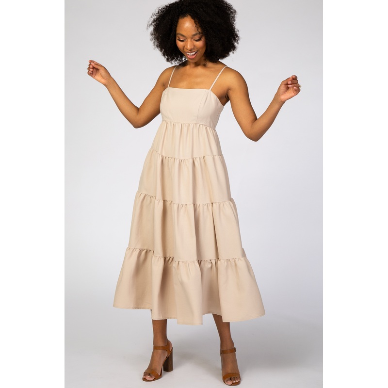Beige Straight Neck Pleated Tier Back Tie Midi Dress