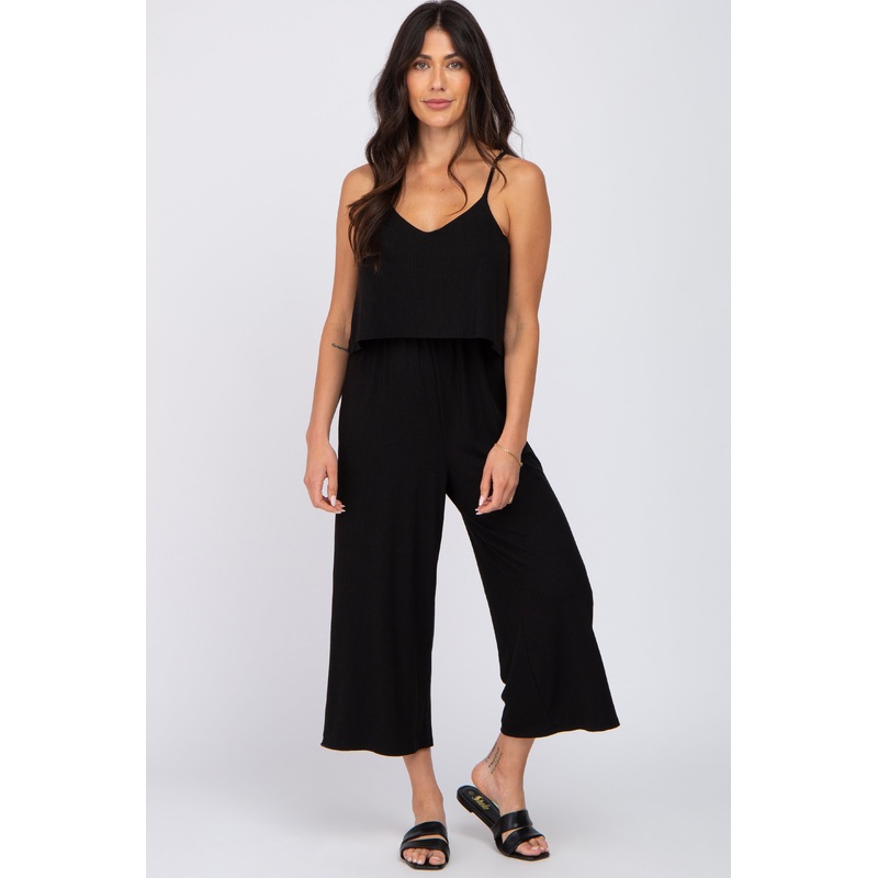Black Ribbed Double Layer Cropped Jumpsuit